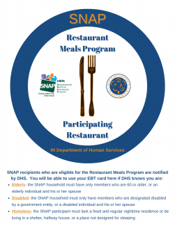 A flyer used to identify the establishments participating in Rhode Island's SNAP Restaurant Meals Program. 