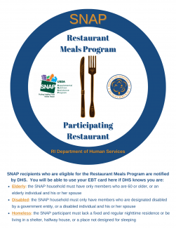 A flyer used to identify the establishments participating in Rhode Island's SNAP Restaurant Meals Program.