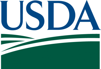The USDA logo in color, royal blue letters with green below. 